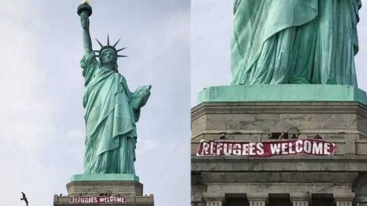Статую Свободы украсил баннер «Беженцы, добро пожаловать!»