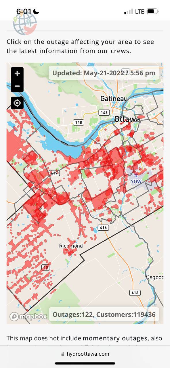 Patrón de cortes de electricidad tras la tormenta en Ottawa