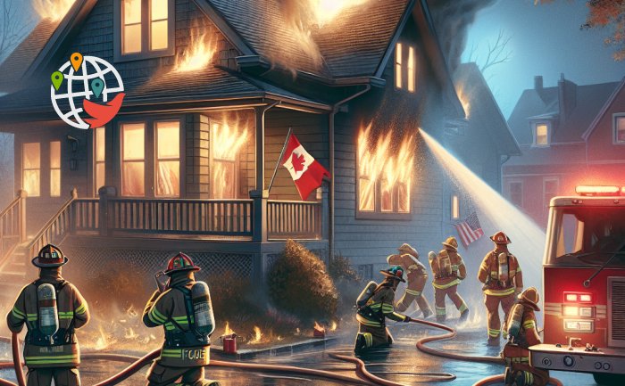Пожар в столице Канады перекинулся на соседний дом и повредил пожарного